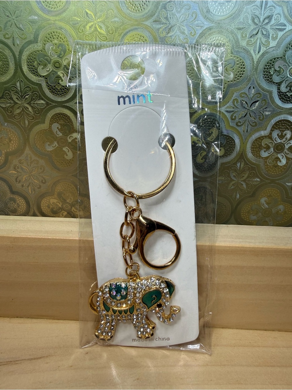Mint Rhinestone Elephant Keychain & Purse Charm w Green Enamel, Clear Rhinetones
